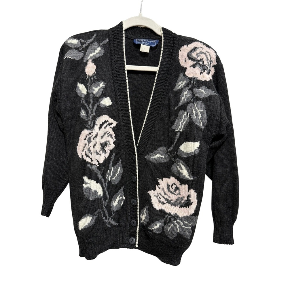 Vintage Norton McNaughton 80s 90s Rose Floral Knit Cardigan Sweater PS Petite‎